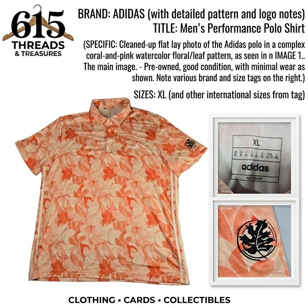Adidas Mens Performance Polo Shirt XL Coral Pink Floral Leaf Pattern Golf Top